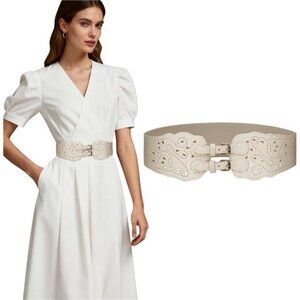 🌸Leather Elastic Wide Belt for Women | Retro Hollow Buckle Waist Cinch Belt 🌸